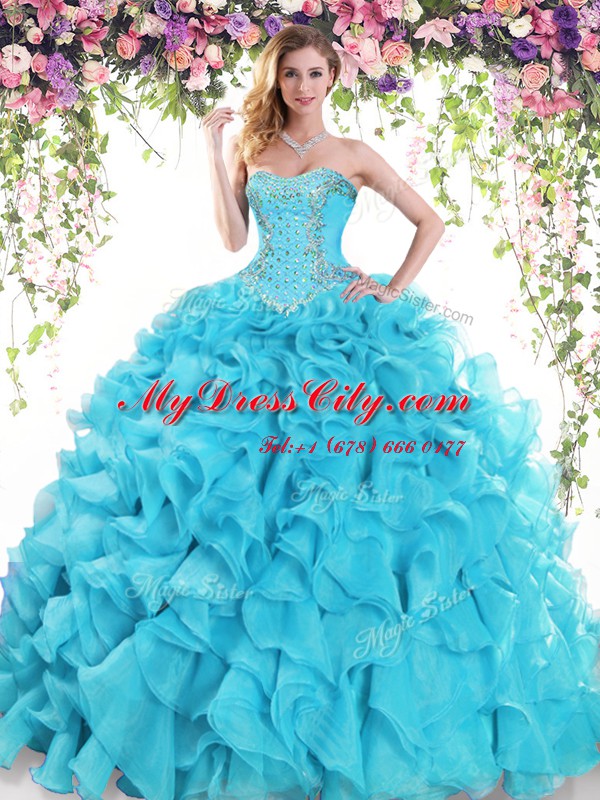 Lace Up Quinceanera Gowns Baby Blue for Military Ball and Sweet 16 and Quinceanera with Beading and Ruffles Sweep Train