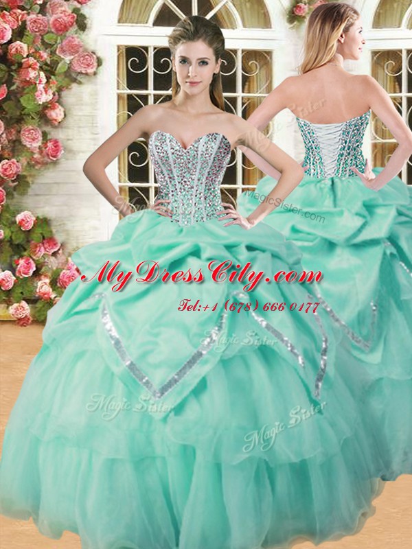 Shining Floor Length Lace Up 15 Quinceanera Dress Apple Green for Military Ball and Sweet 16 and Quinceanera with Beading and Pick Ups