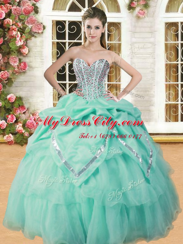 Shining Floor Length Lace Up 15 Quinceanera Dress Apple Green for Military Ball and Sweet 16 and Quinceanera with Beading and Pick Ups