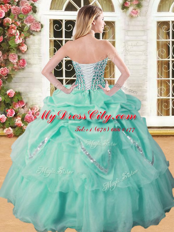 Shining Floor Length Lace Up 15 Quinceanera Dress Apple Green for Military Ball and Sweet 16 and Quinceanera with Beading and Pick Ups