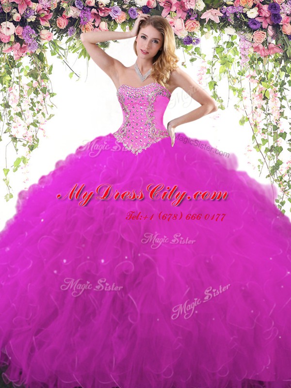 Custom Designed Fuchsia Sleeveless Beading Floor Length Quinceanera Dresses