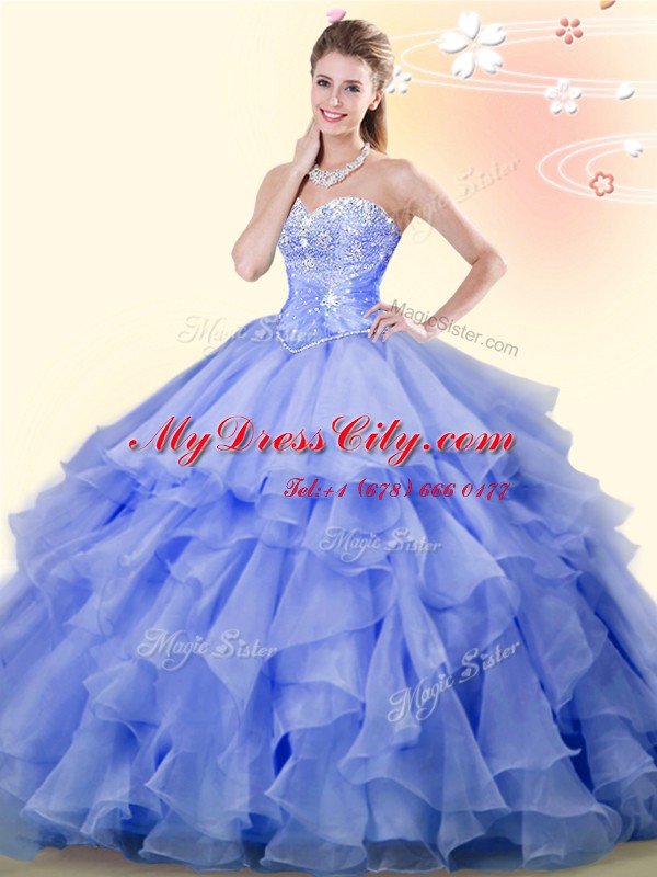 Lavender Ball Gowns Beading and Ruffles Sweet 16 Dresses Lace Up Organza Sleeveless Floor Length