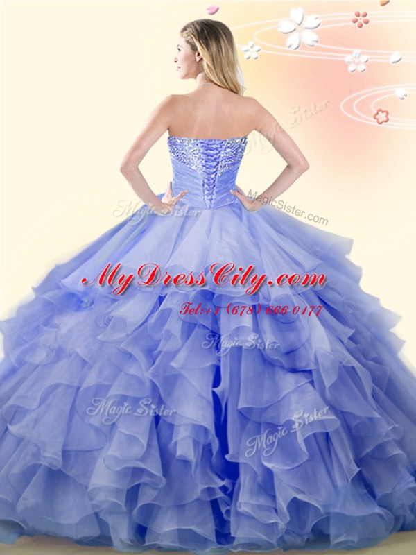 Lavender Ball Gowns Beading and Ruffles Sweet 16 Dresses Lace Up Organza Sleeveless Floor Length