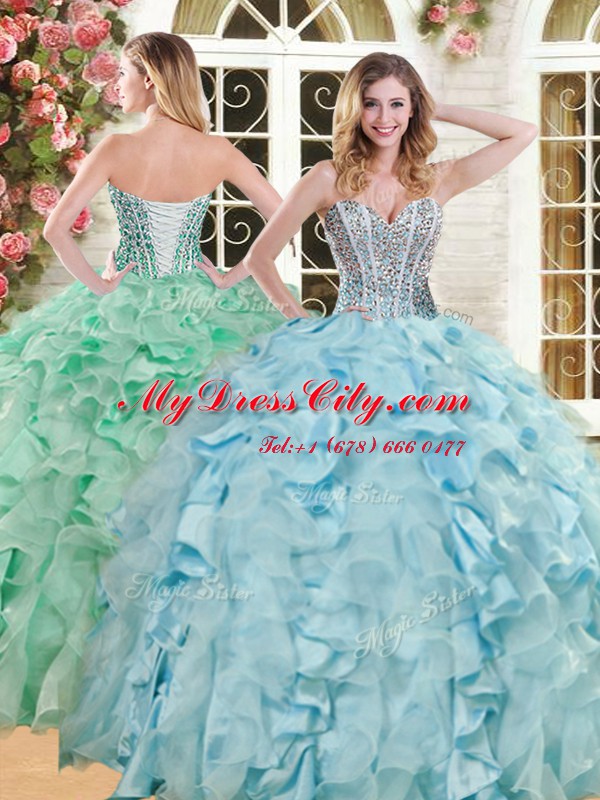 Superior Floor Length Lace Up Quince Ball Gowns Light Blue for Military Ball and Sweet 16 and Quinceanera with Beading and Ruffles