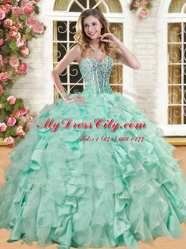 Superior Floor Length Lace Up Quince Ball Gowns Light Blue for Military Ball and Sweet 16 and Quinceanera with Beading and Ruffles