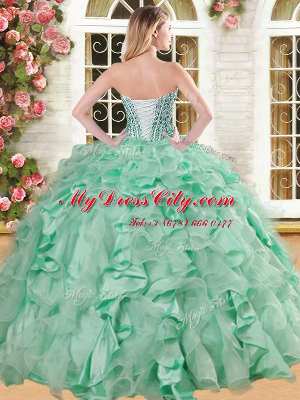 Superior Floor Length Lace Up Quince Ball Gowns Light Blue for Military Ball and Sweet 16 and Quinceanera with Beading and Ruffles