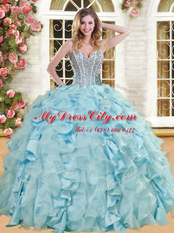 Superior Floor Length Lace Up Quince Ball Gowns Light Blue for Military Ball and Sweet 16 and Quinceanera with Beading and Ruffles