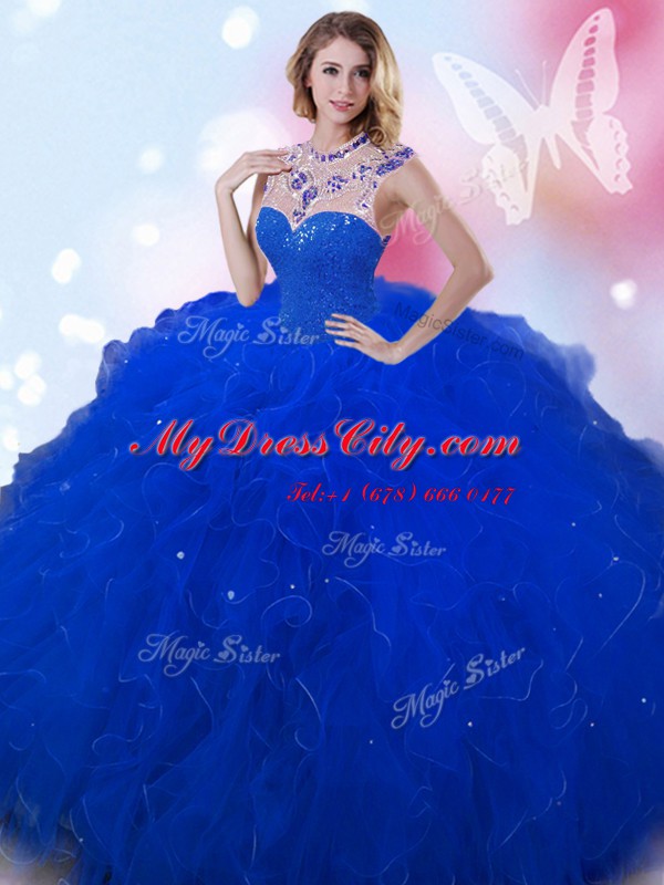 Wonderful Royal Blue Ball Gowns Tulle High-neck Sleeveless Beading Floor Length Zipper Vestidos de Quinceanera