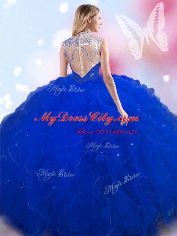 Wonderful Royal Blue Ball Gowns Tulle High-neck Sleeveless Beading Floor Length Zipper Vestidos de Quinceanera