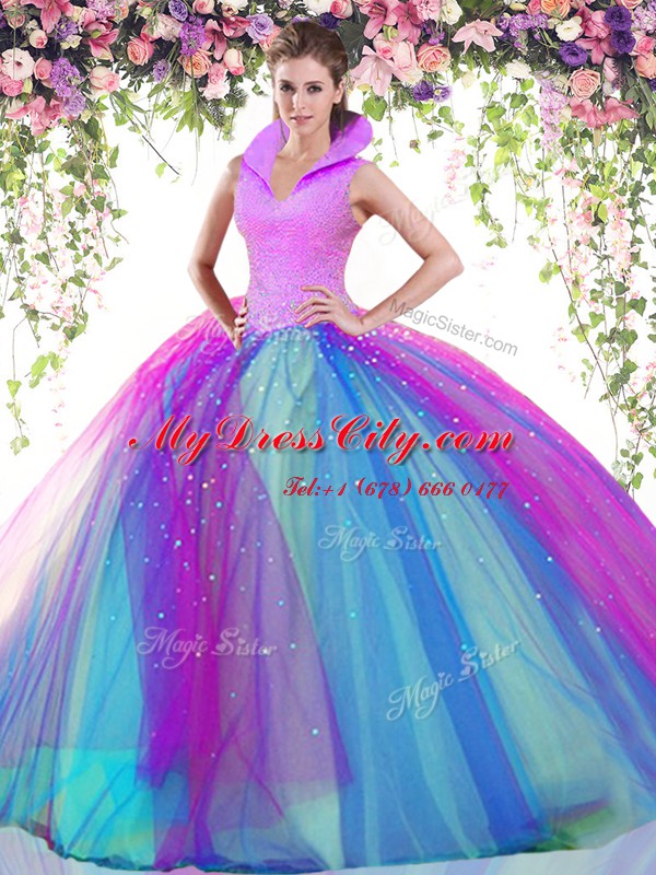 Ball Gowns Quinceanera Dresses Multi-color High-neck Tulle Sleeveless Floor Length Backless