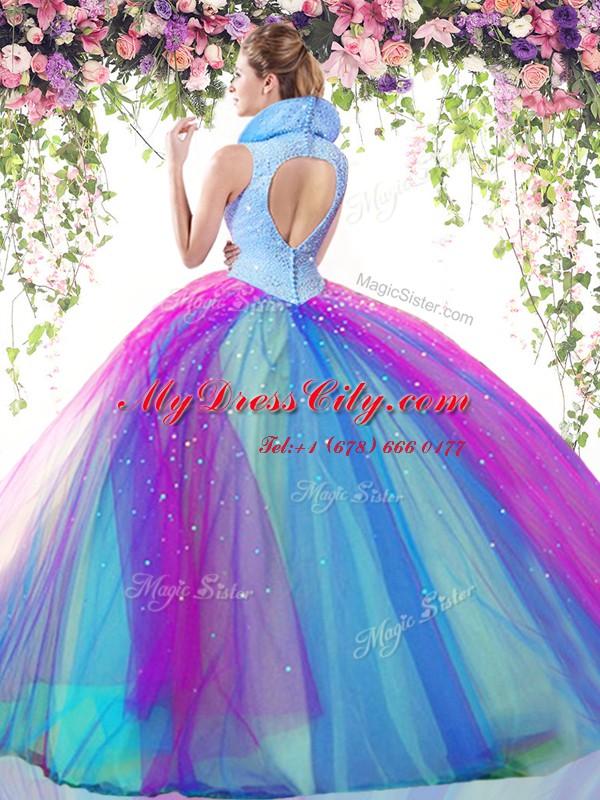 Ball Gowns Quinceanera Dresses Multi-color High-neck Tulle Sleeveless Floor Length Backless