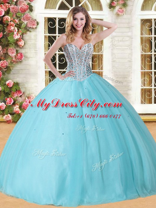 Cute Baby Blue Ball Gowns Tulle Sweetheart Sleeveless Beading Floor Length Lace Up Quinceanera Gowns