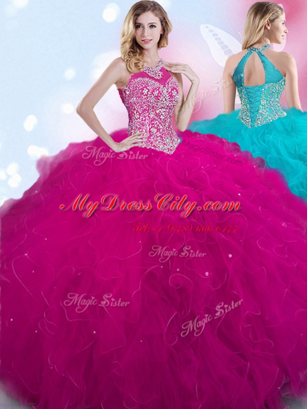 Halter Top Sleeveless Lace Up Quinceanera Gown Fuchsia Tulle