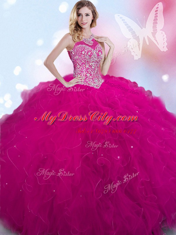 Halter Top Sleeveless Lace Up Quinceanera Gown Fuchsia Tulle