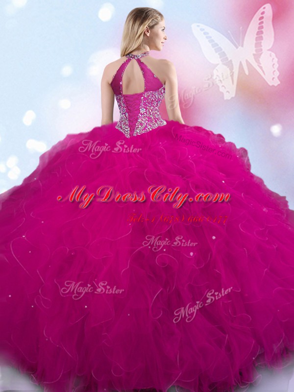 Halter Top Sleeveless Lace Up Quinceanera Gown Fuchsia Tulle