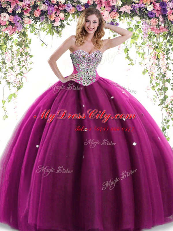 Fuchsia Ball Gowns Beading Quinceanera Gown Lace Up Tulle Sleeveless Floor Length