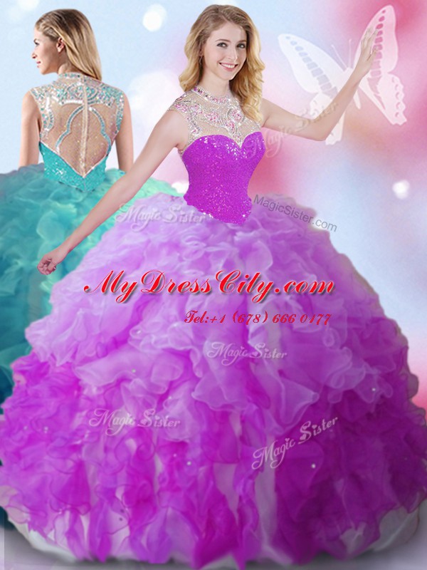 Best Ball Gowns 15th Birthday Dress Multi-color High-neck Tulle Sleeveless Floor Length Zipper