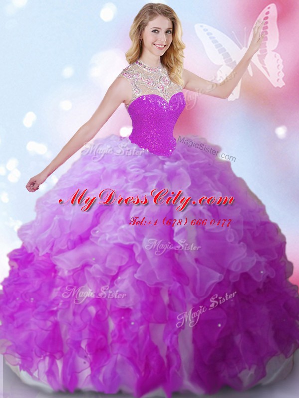 Best Ball Gowns 15th Birthday Dress Multi-color High-neck Tulle Sleeveless Floor Length Zipper