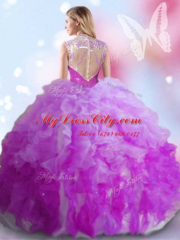 Best Ball Gowns 15th Birthday Dress Multi-color High-neck Tulle Sleeveless Floor Length Zipper