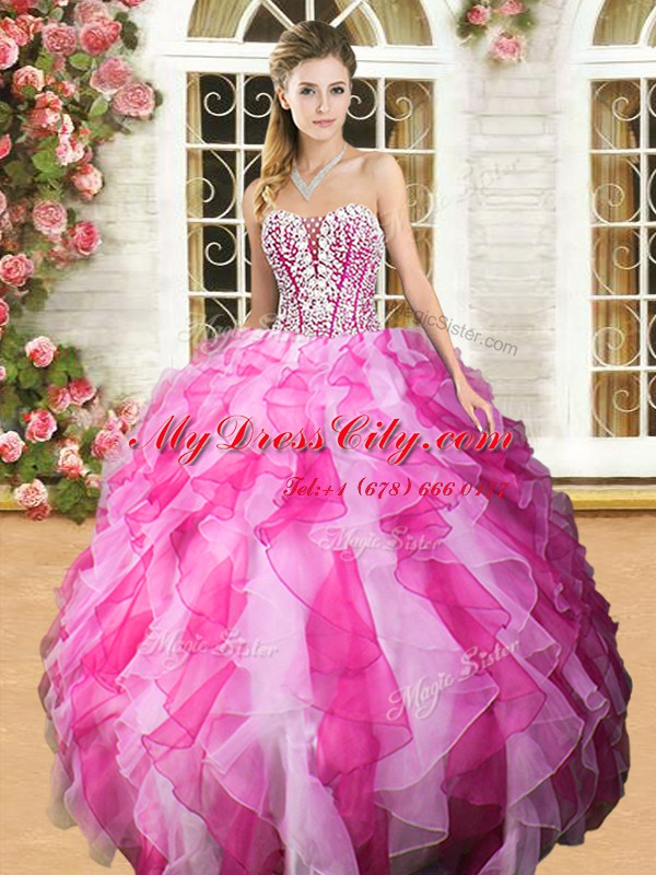 Pink And White Organza Lace Up Sweet 16 Dress Sleeveless Floor Length Beading and Ruffles