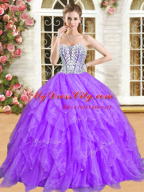 Sweetheart Sleeveless Quinceanera Dress Floor Length Beading and Ruffles Purple Organza