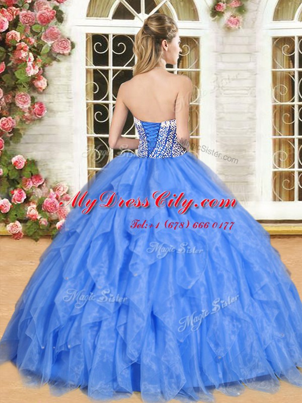 Sweetheart Sleeveless Quinceanera Dress Floor Length Beading and Ruffles Purple Organza