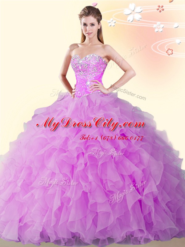 Lilac Organza Lace Up Sweet 16 Dresses Sleeveless Floor Length Beading and Ruffles