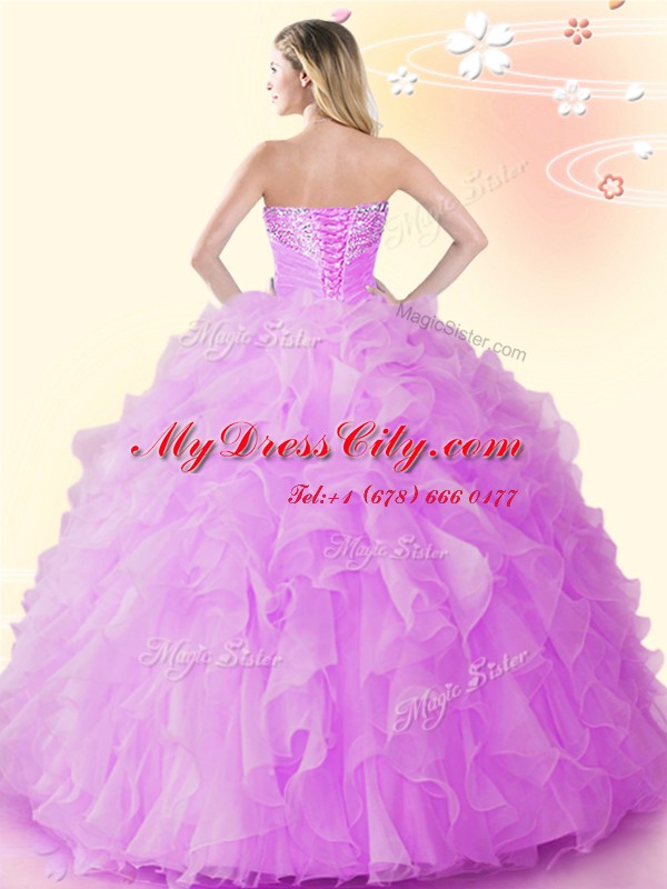 Lilac Organza Lace Up Sweet 16 Dresses Sleeveless Floor Length Beading and Ruffles