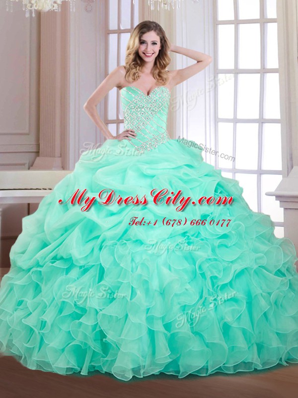 Chic Pick Ups Apple Green Sleeveless Organza Lace Up 15th Birthday Dress for Military Ball and Sweet 16 and Quinceanera