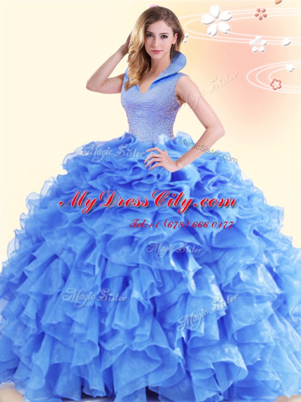 Hot Selling Ball Gowns Sweet 16 Dresses Blue High-neck Organza Sleeveless Floor Length Backless