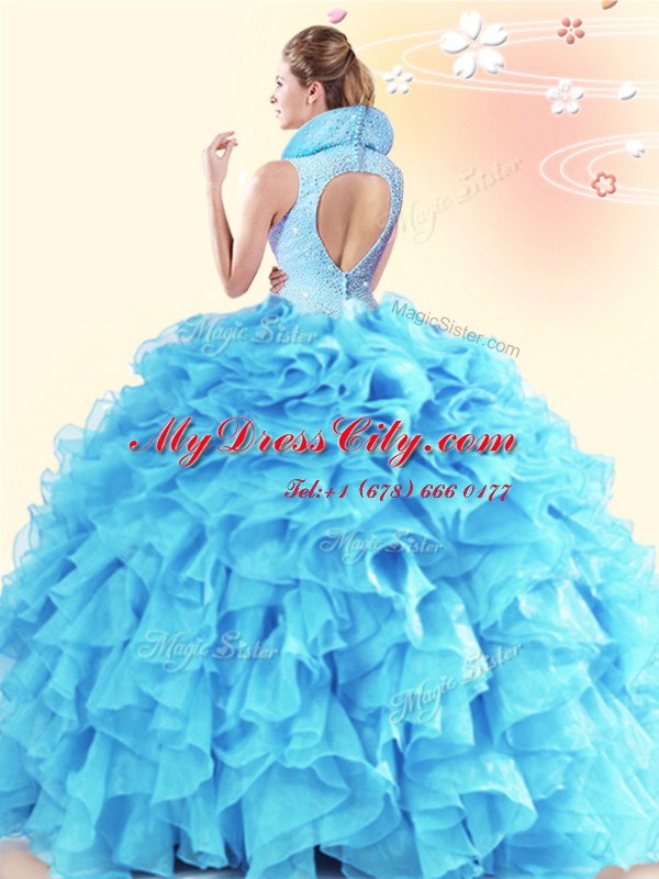 Hot Selling Ball Gowns Sweet 16 Dresses Blue High-neck Organza Sleeveless Floor Length Backless