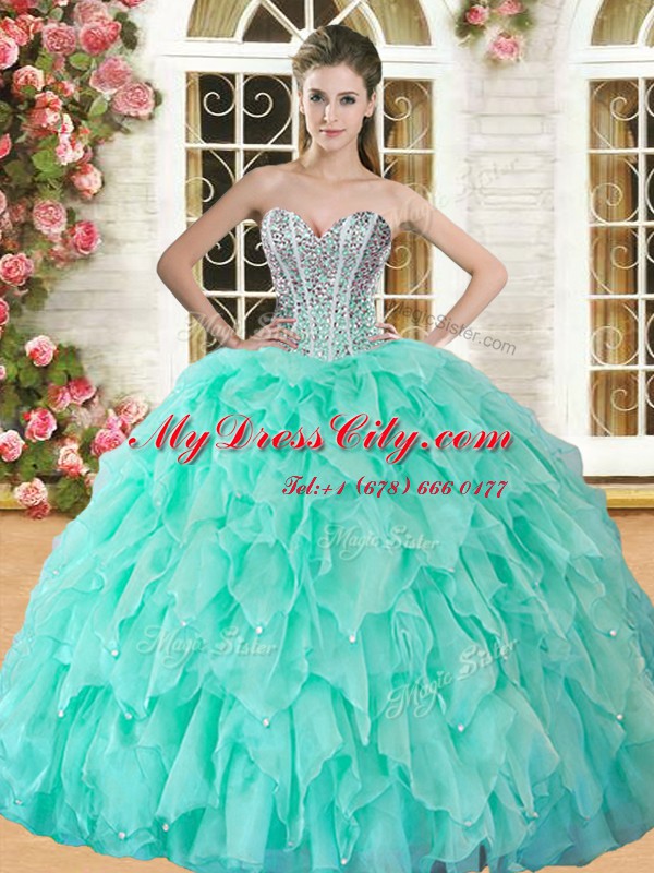 Captivating Apple Green Organza Lace Up Sweetheart Sleeveless Floor Length 15th Birthday Dress Beading and Ruffles