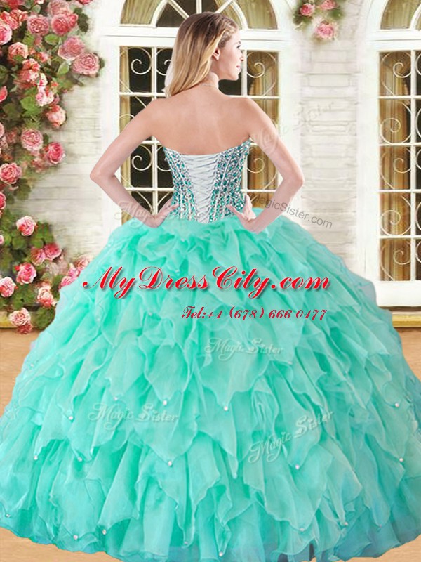 Captivating Apple Green Organza Lace Up Sweetheart Sleeveless Floor Length 15th Birthday Dress Beading and Ruffles