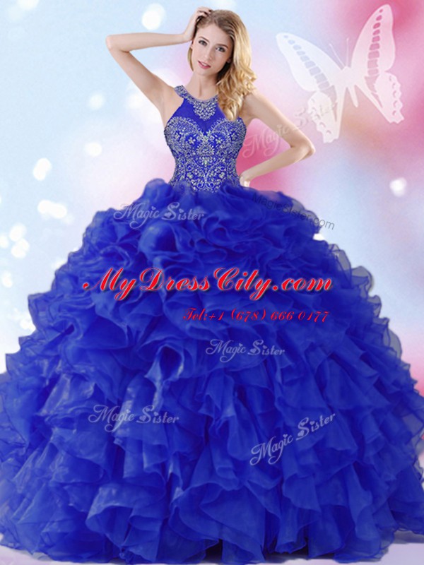 Halter Top Royal Blue Lace Up Sweet 16 Dresses Beading and Ruffles Sleeveless Floor Length