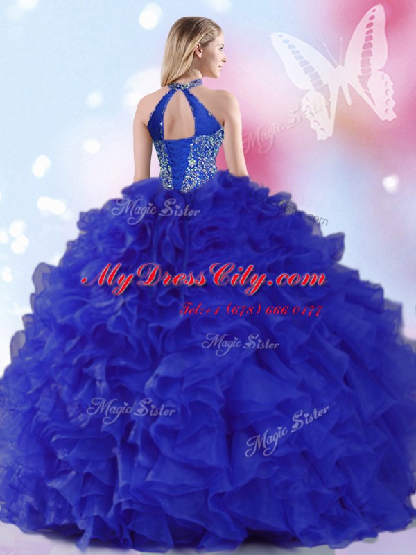 Halter Top Royal Blue Lace Up Sweet 16 Dresses Beading and Ruffles Sleeveless Floor Length