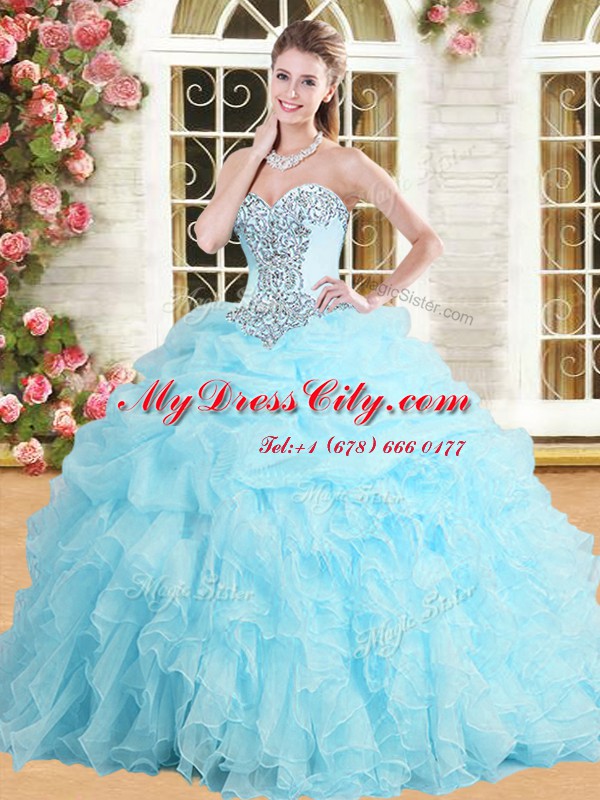 Hot Selling Baby Blue Sleeveless Appliques and Ruffles and Pick Ups Floor Length Sweet 16 Dress