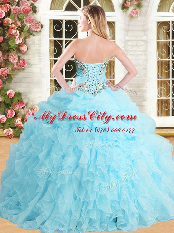 Hot Selling Baby Blue Sleeveless Appliques and Ruffles and Pick Ups Floor Length Sweet 16 Dress