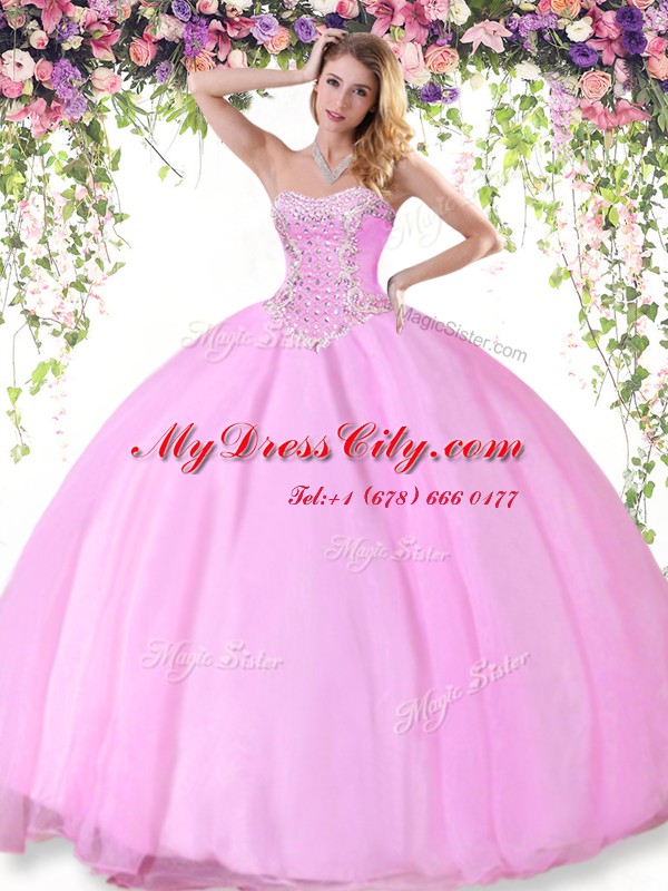 Rose Pink Sleeveless Tulle Lace Up Quinceanera Dress for Military Ball and Sweet 16 and Quinceanera