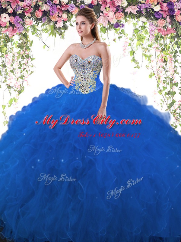 Classical Sweetheart Sleeveless Quinceanera Gown Floor Length Beading Royal Blue Tulle