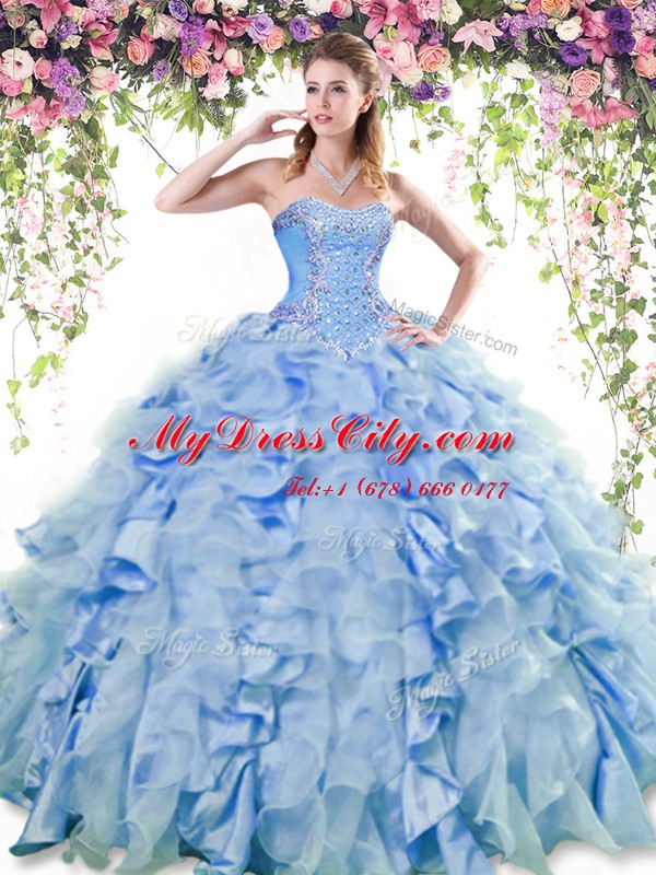 Exquisite Blue Organza and Taffeta Lace Up Quinceanera Gowns Sleeveless Floor Length Beading and Ruffles