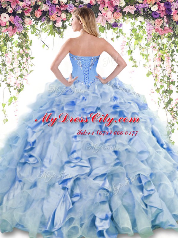 Exquisite Blue Organza and Taffeta Lace Up Quinceanera Gowns Sleeveless Floor Length Beading and Ruffles