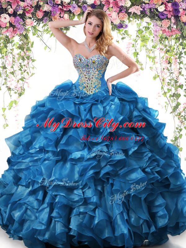 Romantic Blue Quince Ball Gowns Military Ball and Sweet 16 and Quinceanera and For with Beading and Ruffles Sweetheart Sleeveless Lace Up