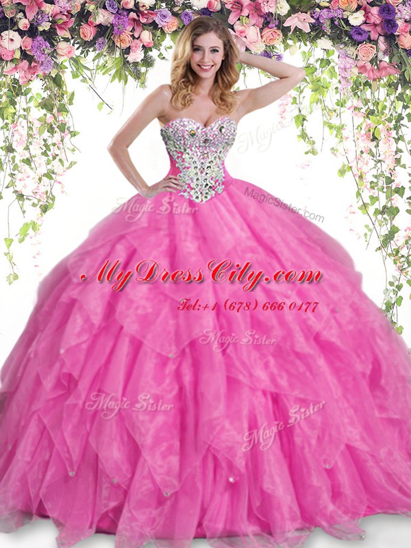 Clearance Hot Pink Ball Gowns Beading and Ruffles Quince Ball Gowns Lace Up Organza Sleeveless Floor Length