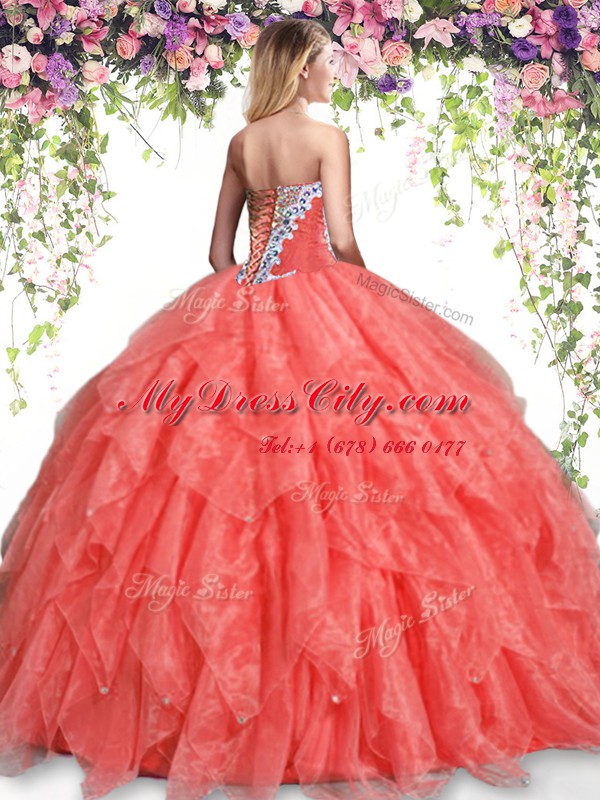 Clearance Hot Pink Ball Gowns Beading and Ruffles Quince Ball Gowns Lace Up Organza Sleeveless Floor Length