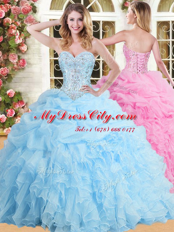 Captivating Floor Length Lace Up Ball Gown Prom Dress Baby Blue for Military Ball and Sweet 16 and Quinceanera with Beading and Appliques and Ruffles and Pick Ups