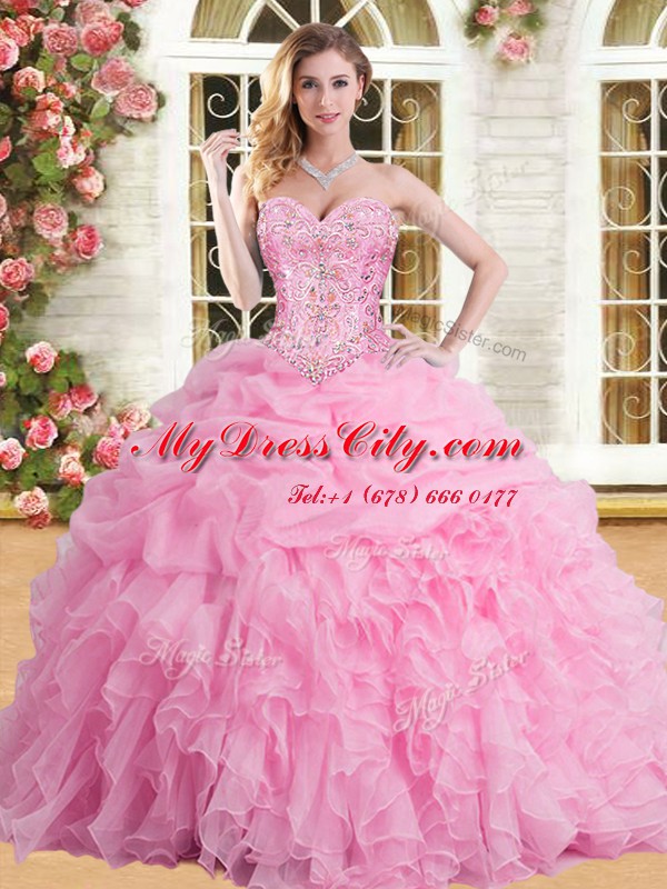 Captivating Floor Length Lace Up Ball Gown Prom Dress Baby Blue for Military Ball and Sweet 16 and Quinceanera with Beading and Appliques and Ruffles and Pick Ups