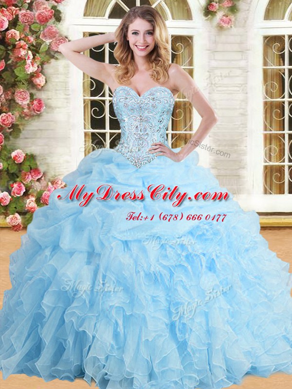 Captivating Floor Length Lace Up Ball Gown Prom Dress Baby Blue for Military Ball and Sweet 16 and Quinceanera with Beading and Appliques and Ruffles and Pick Ups