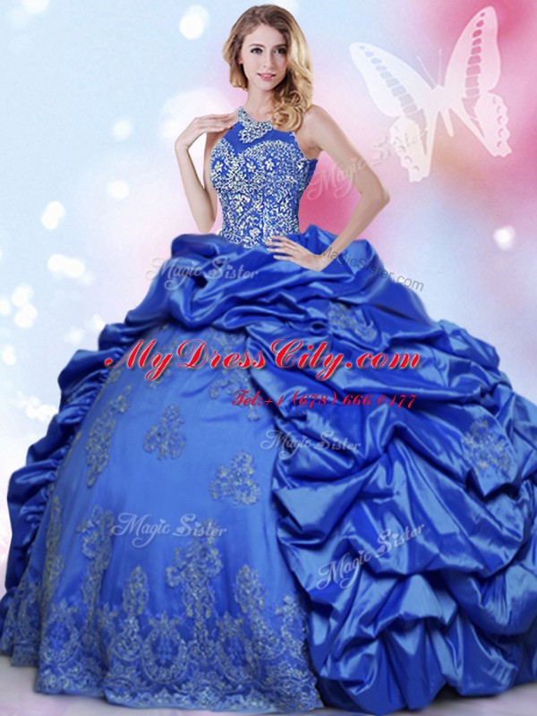 Latest Pick Ups Halter Top Sleeveless Lace Up Quince Ball Gowns Blue Taffeta