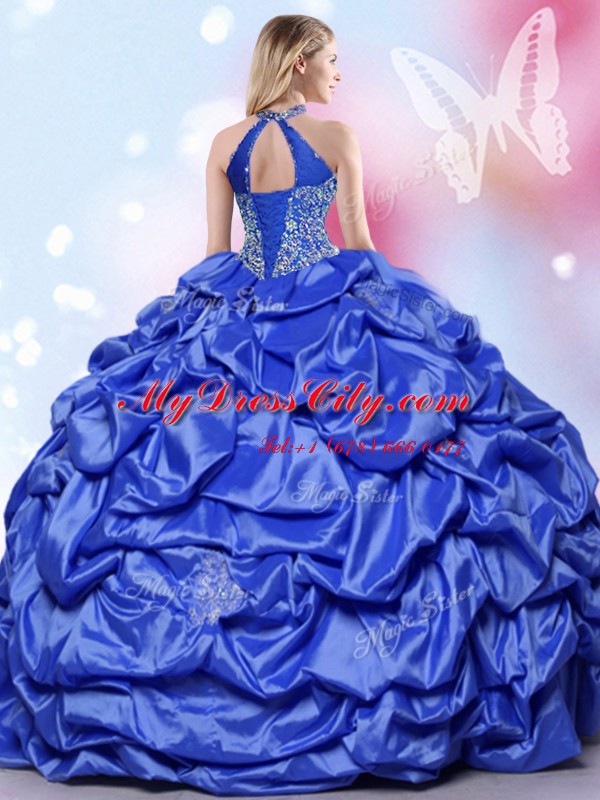 Latest Pick Ups Halter Top Sleeveless Lace Up Quince Ball Gowns Blue Taffeta