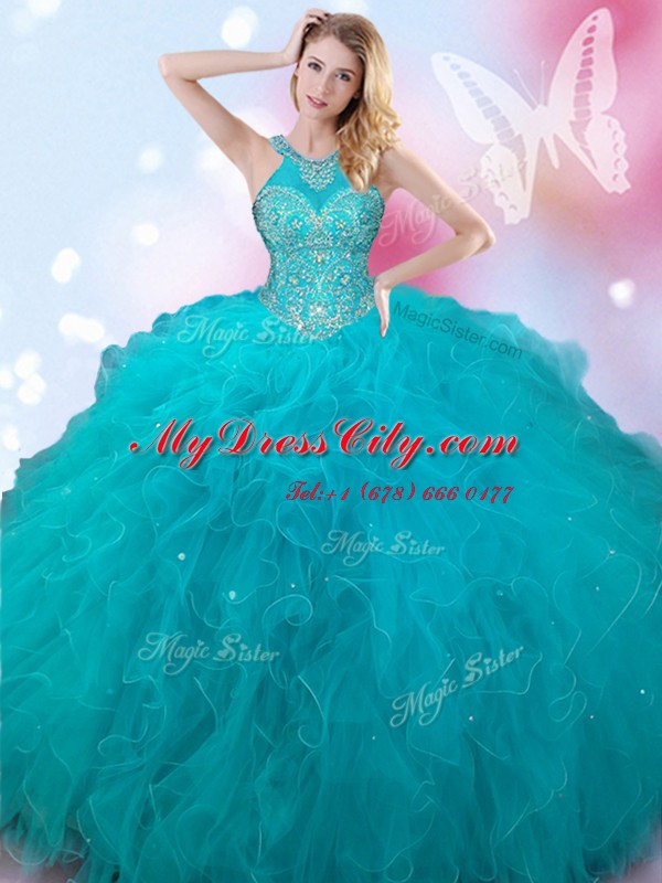 Wonderful Halter Top Sleeveless Lace Up Floor Length Beading 15 Quinceanera Dress